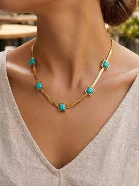 Gold Chain Necklace with Turquoise Stones Stainless Steel